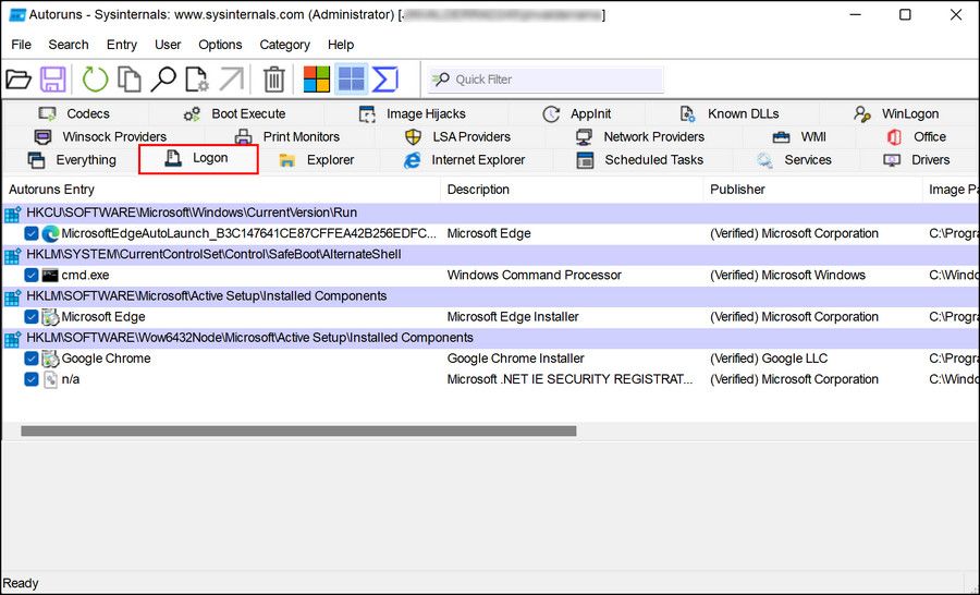 Вкладка «Logon» в Autoruns