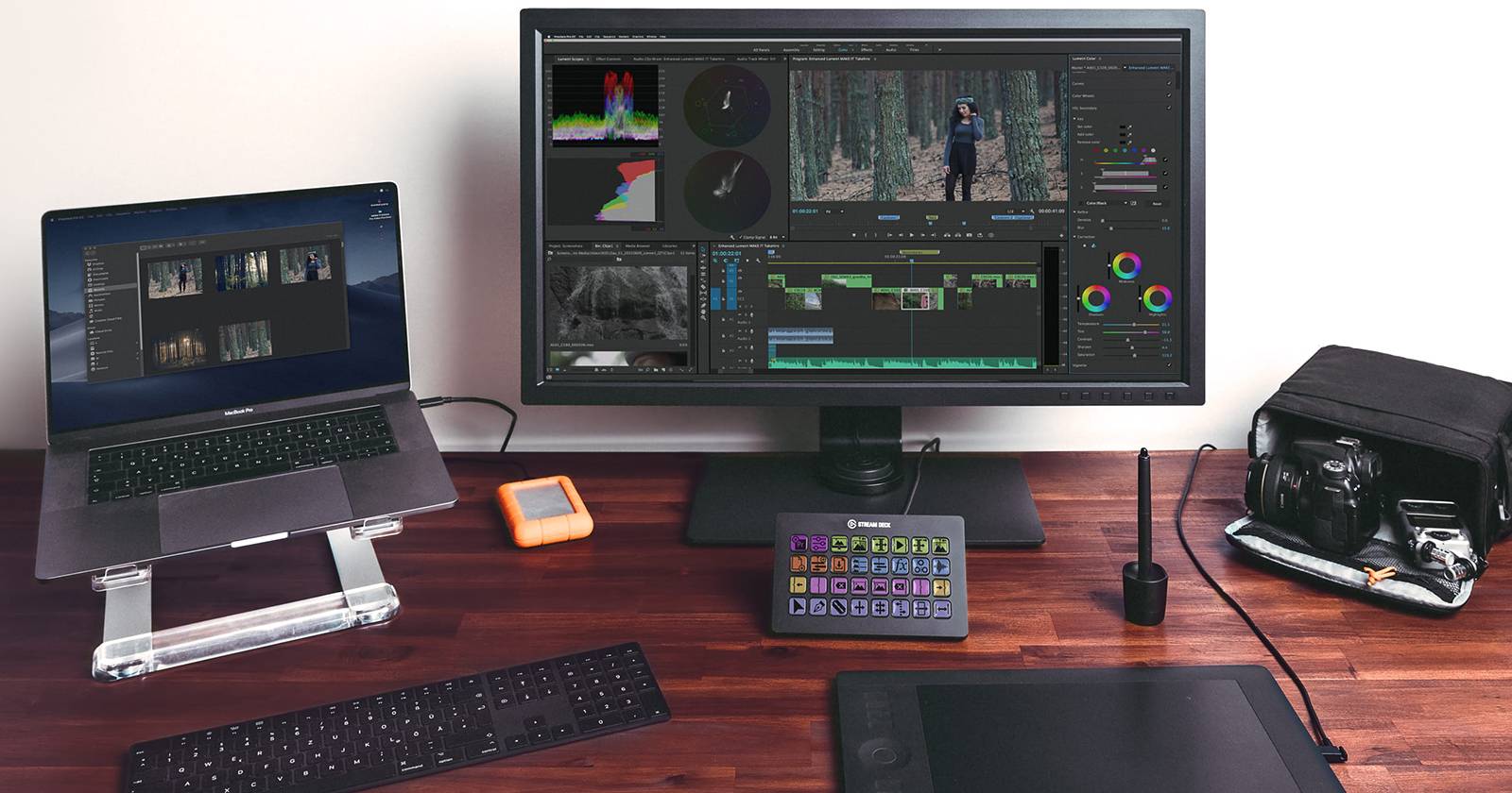 Stream Deck XL set up with a MacBook Pro editing rig