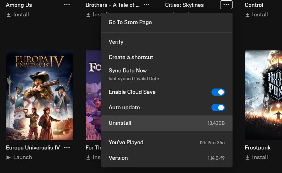 Опция удаления игры в Epic Games Launcher
