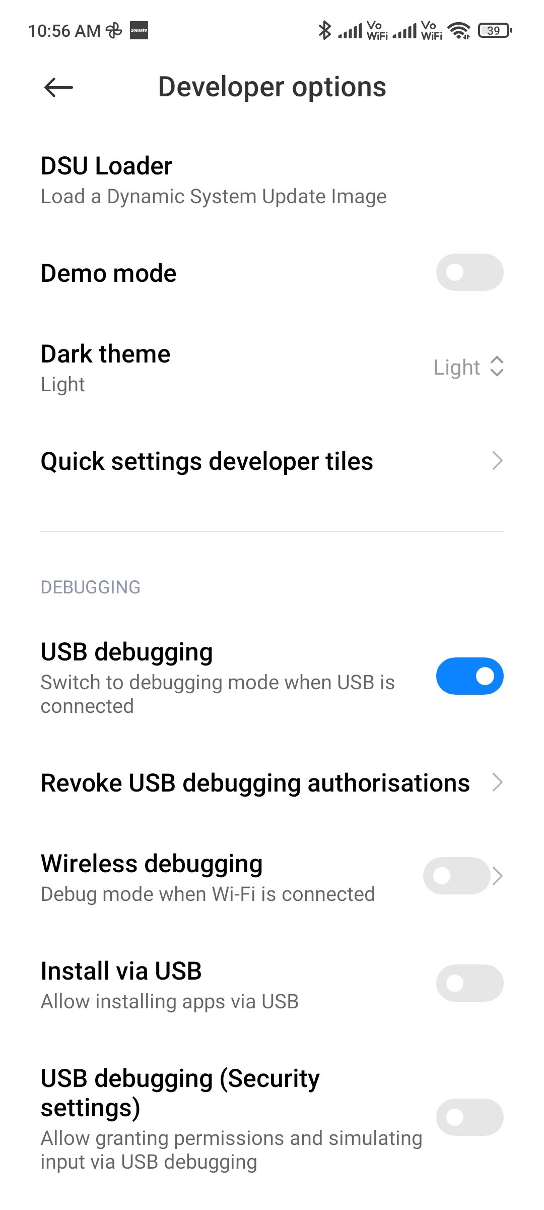 USB Debugging option toggled in Developer Settings