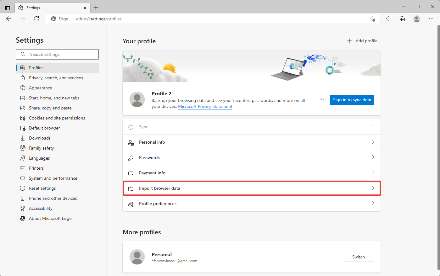 Пункт меню — Импорт данных браузера в профиле Edge