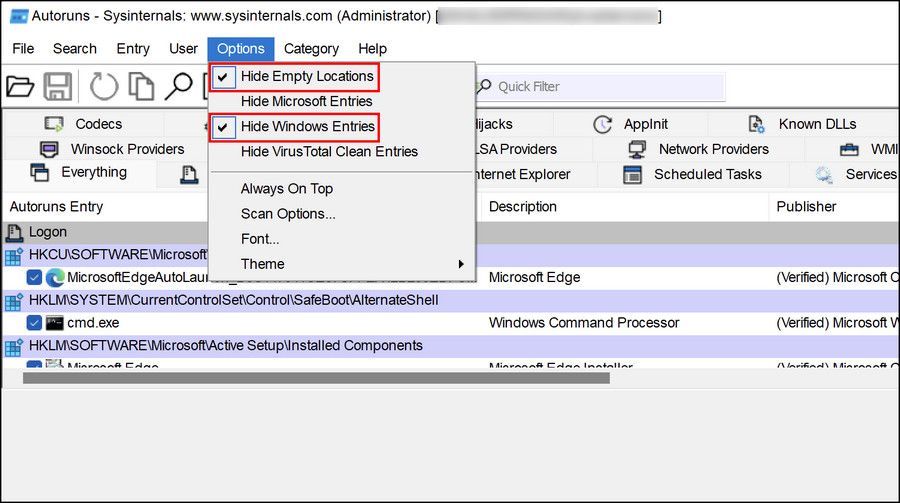 Скрыть системные записи в Autoruns