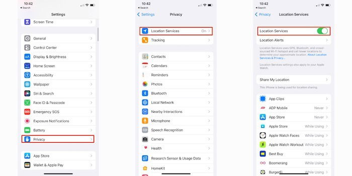 Экран настройки конфиденциальности и служб геолокации