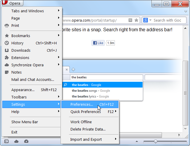 Меню настроек Opera