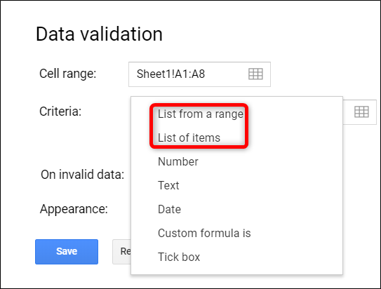 Параметры проверки данных с выбором списка элементов