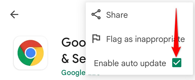 Опция Включить автообновление в меню приложения Chrome.
