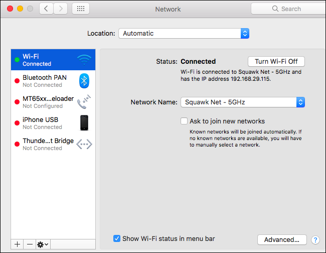 Кнопка Дополнительно в настройках сети на Mac