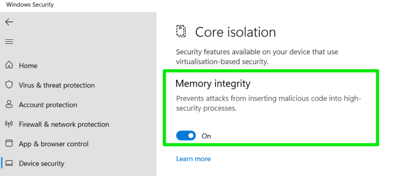 Schermata Windows Security Core isolation Memory integrity attivata
