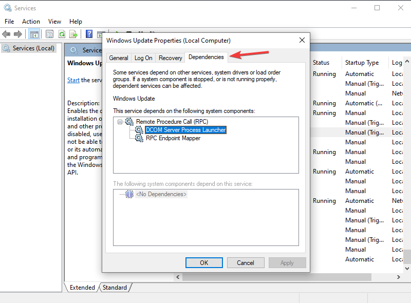 Вкладка Зависимости в свойствах службы Windows