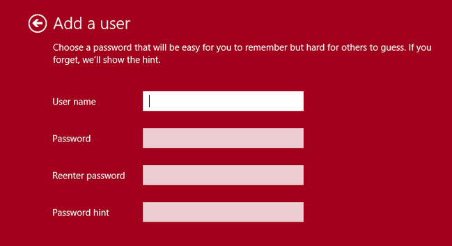 Форма создания локальной учётной записи: имя, пароль, подсказка
