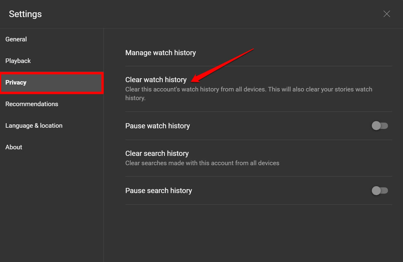 Очистить историю просмотров YouTube Music веб