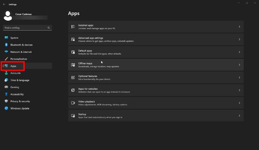 Окно «Приложения» в Параметрах Windows