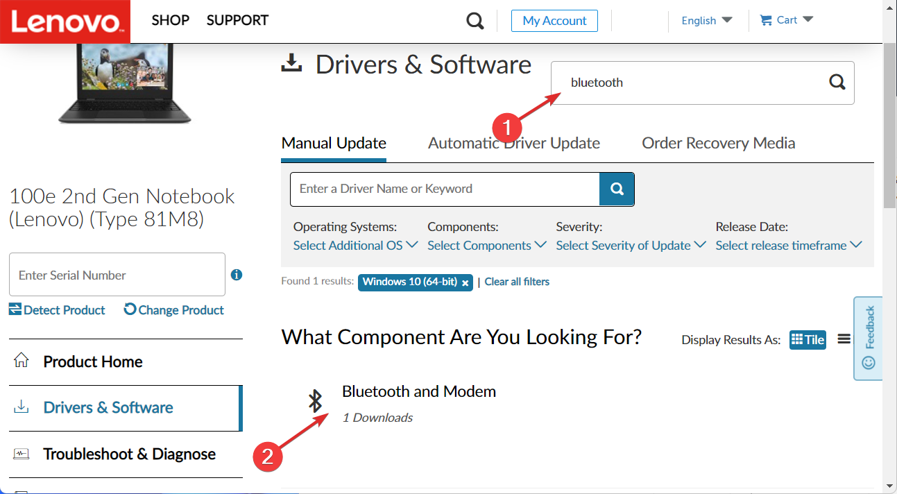 Selezione driver Bluetooth dal sito del produttore