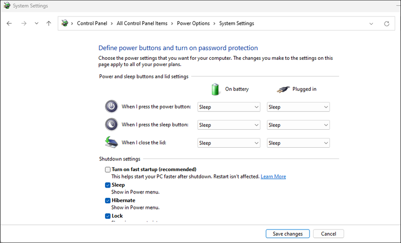 Параметры завершения работы в Панели управления Windows, опция быстрого запуска