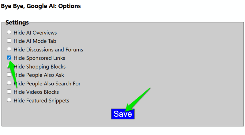 Настройка скрытия спонсируемых ссылок в расширении Bye Bye Google AI