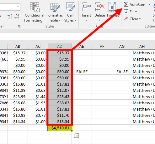 Скриншот Excel с итогом по колонке AD