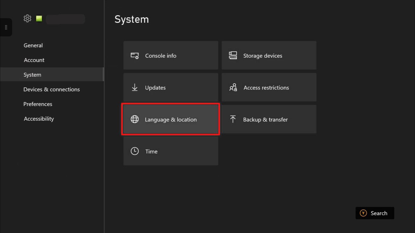 Вкладка Язык и местоположение в настройках Xbox One, с выделением пункта.