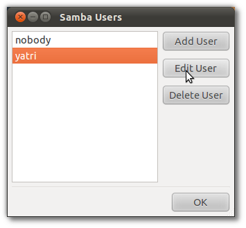 Окно управления Samba пользователями