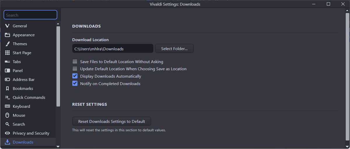 Настройки загрузок в Vivaldi