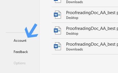 Секция учетной записи и обновлений в Microsoft Word