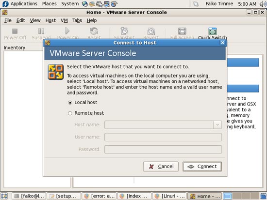 Окно подключения VMware Server к локальному хосту