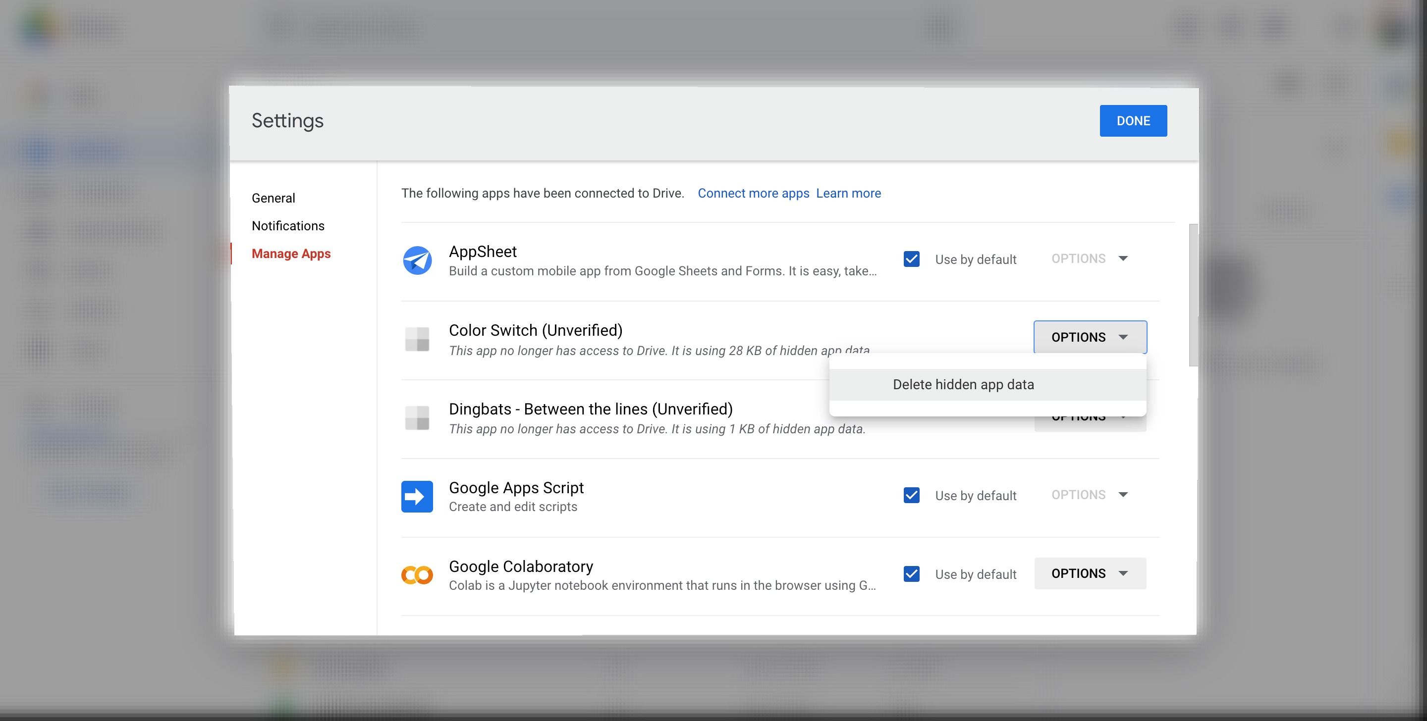 Удаление скрытых данных приложения из Google Диска