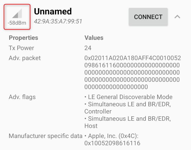 Сила сигнала для ближайшего AirTag в LightBlue.