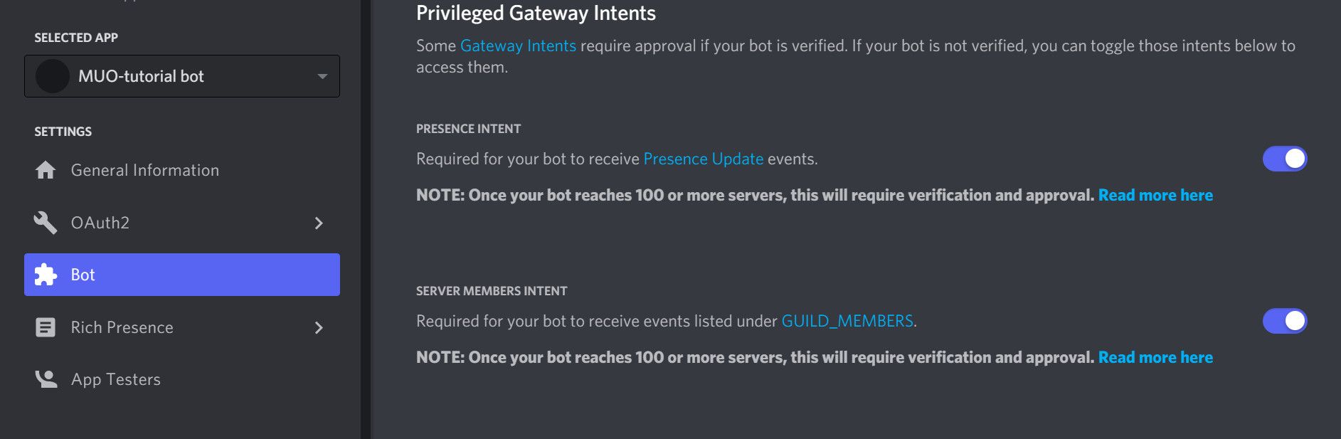 Настройки intent бота (Presence и Server Members)