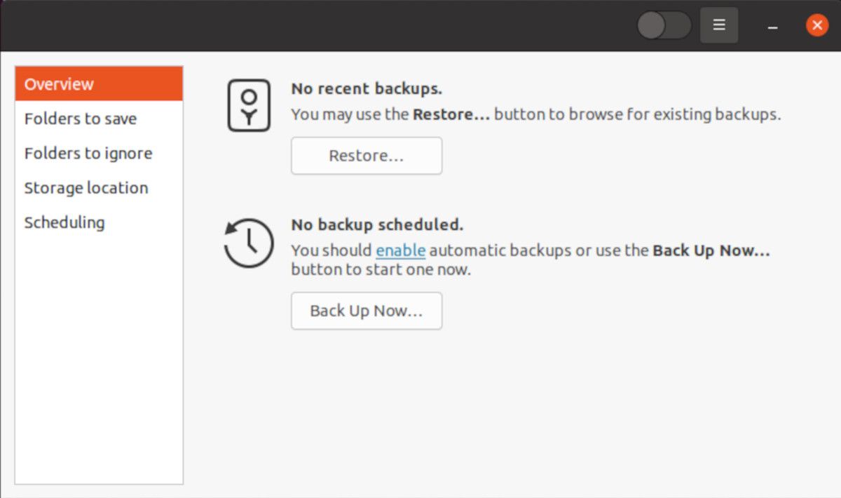 Общий вид утилиты Déjà Dup на рабочем столе