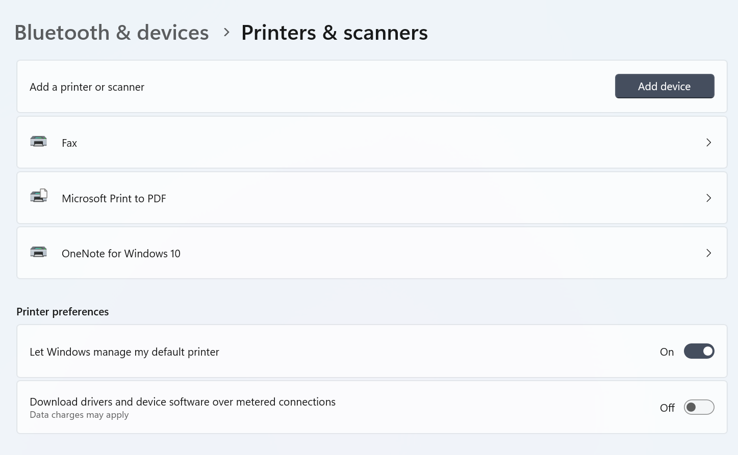 Раздел Принтеры и сканеры в Параметрах Windows