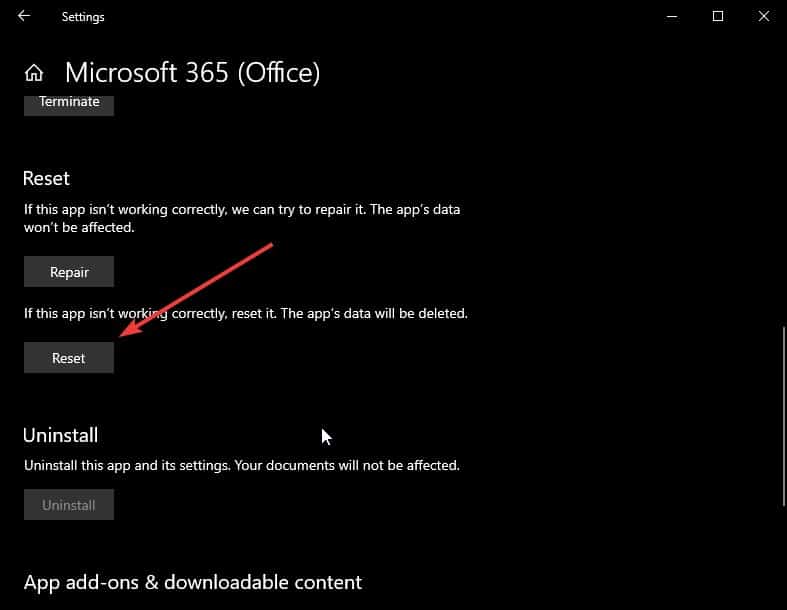 Option Réinitialiser pour l'application Office dans les paramètres Windows