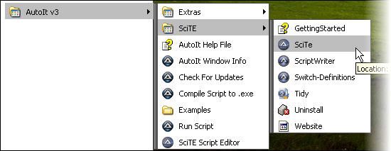 Запуск SciTE через меню Пуск Windows