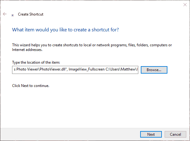 Ввод команды rundll32 при создании ярлыка