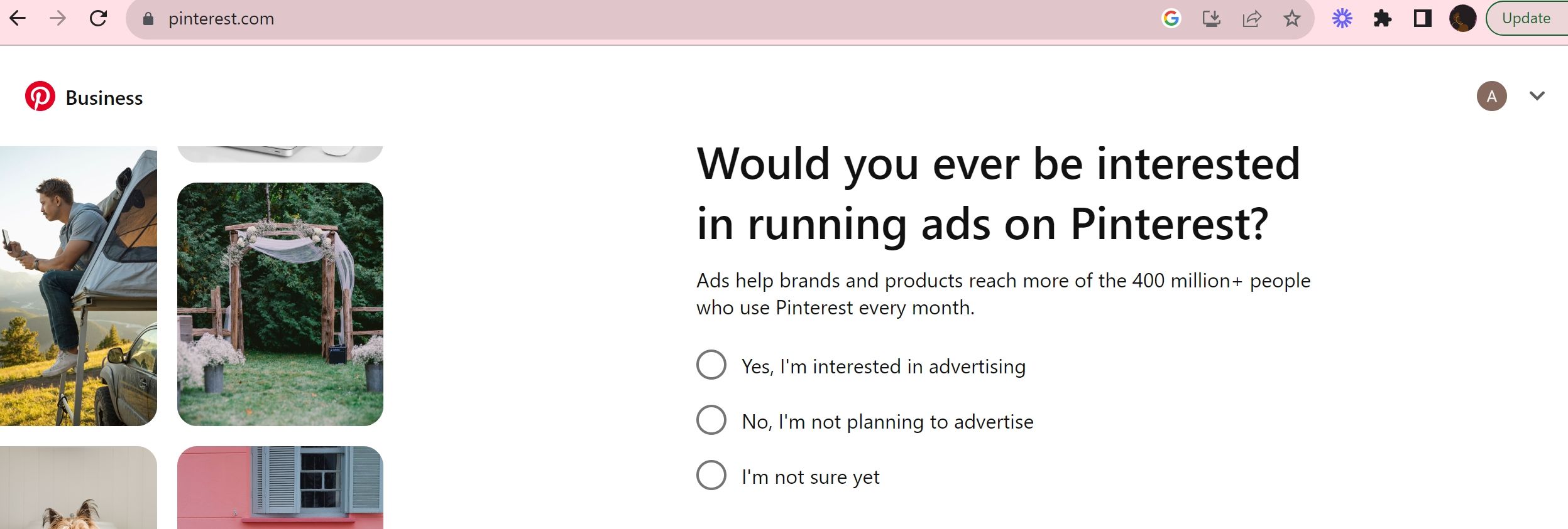 Страница онбординга бизнес-аккаунта Pinterest
