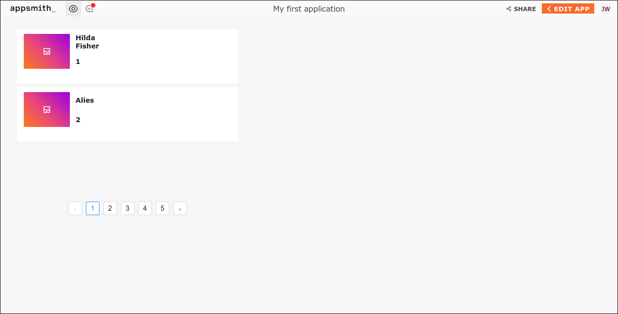 Скриншот Appsmith с показом списка пользователей в режиме просмотра