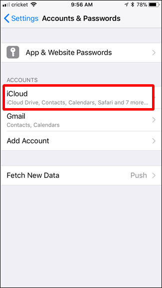 Параметры iCloud — переключатель Контакты