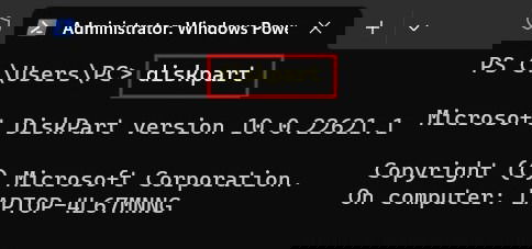Ввод diskpart в PowerShell