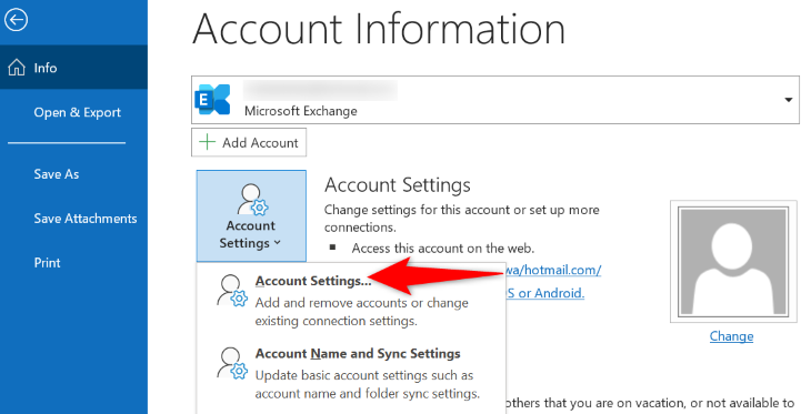 Окно Параметры учётной записи в Outlook.