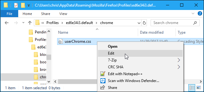Открытие userChrome.css для редактирования в Notepad