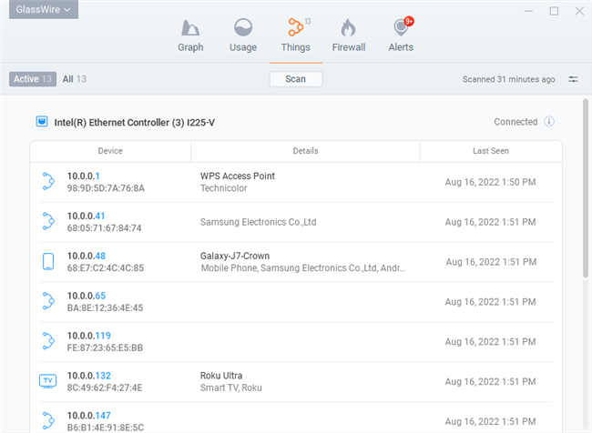 Меню подключённых устройств в GlassWire.