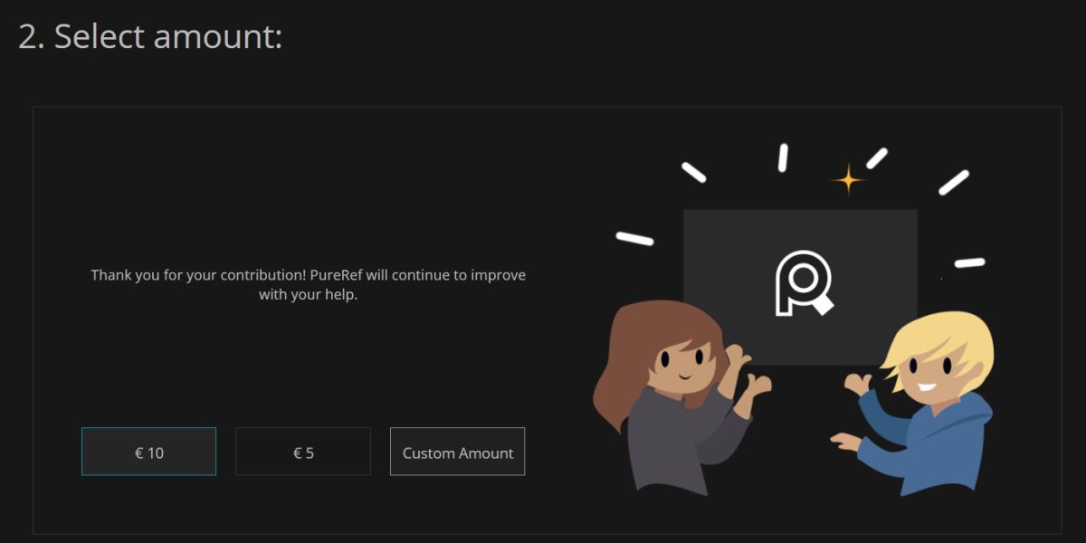 Выбор суммы пожертвования при скачивании PureRef.