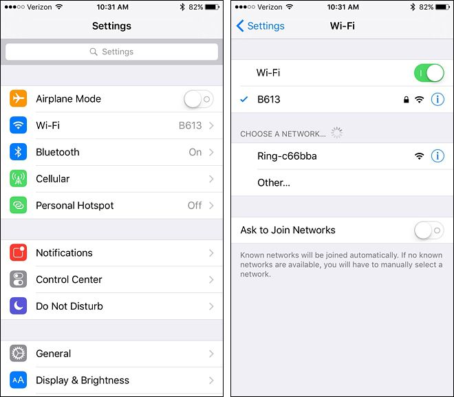 Экран настроек iPhone: подключение к Wi‑Fi сети Ring‑xxxxxx