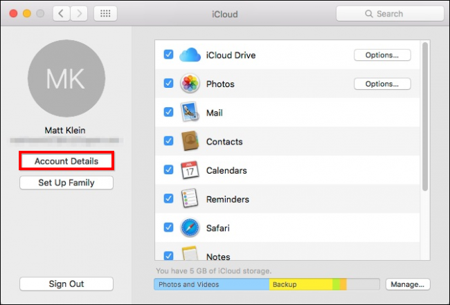 Окно: детали учётной записи iCloud