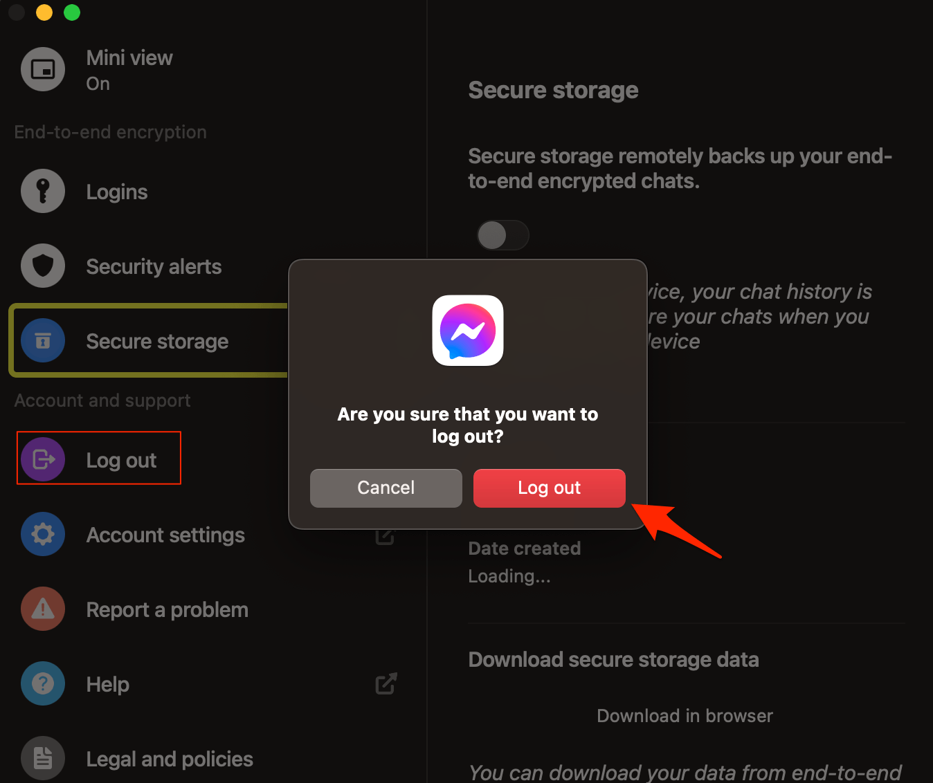Кнопка выхода из Messenger