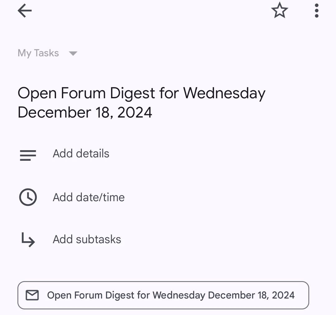 Страница списка задач в приложении Google Tasks.