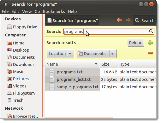 Поиск в Nautilus — пример графического менеджера файлов