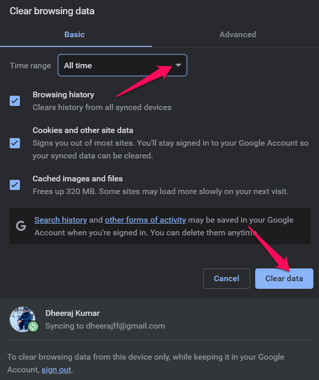 Кнопка Удалить данные в окне очистки