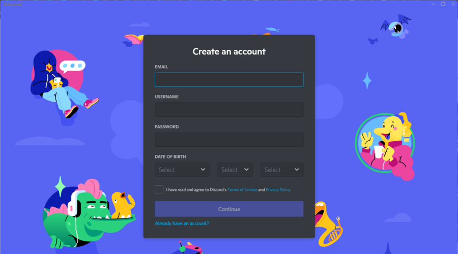 Форма регистрации Discord