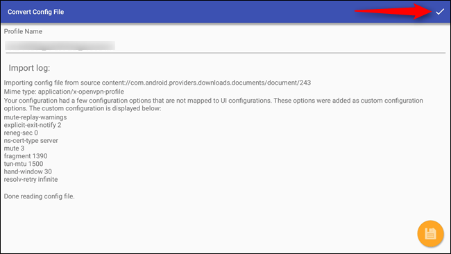 Импорт конфигурации в OpenVPN и подтверждение сохранения