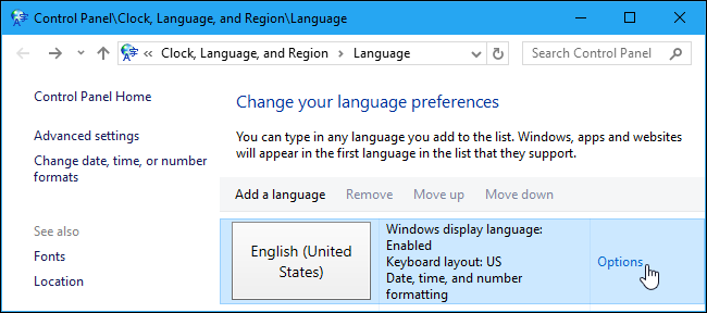 Кнопка Параметры языка в Панели управления Windows 10